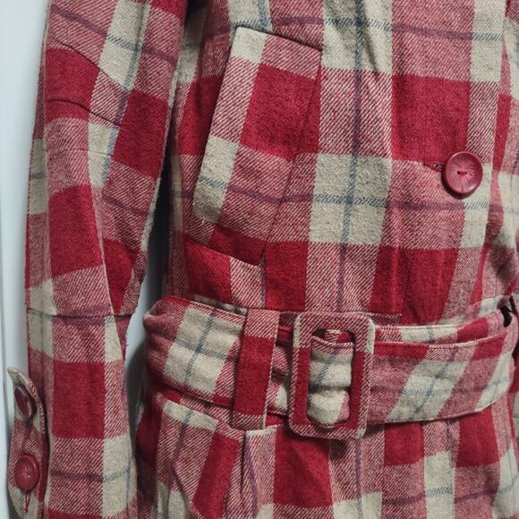 BB Dakota Red Plaid Rayon Peplum Coat - Picture 7 of 10